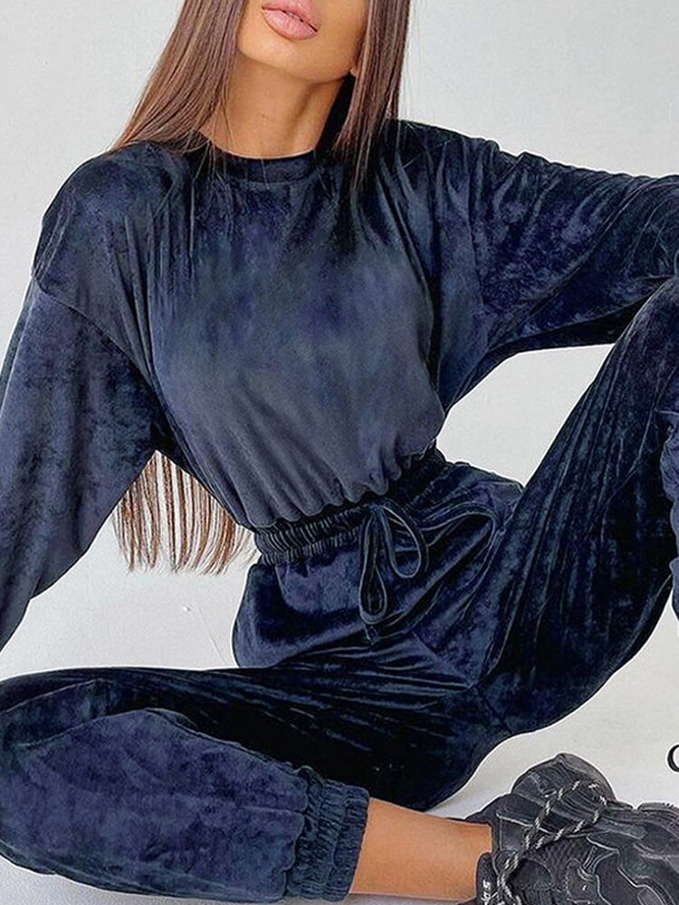 Elegant Velvet Long Sleeve O-Neck Lace Up Jumpsuits Mssza