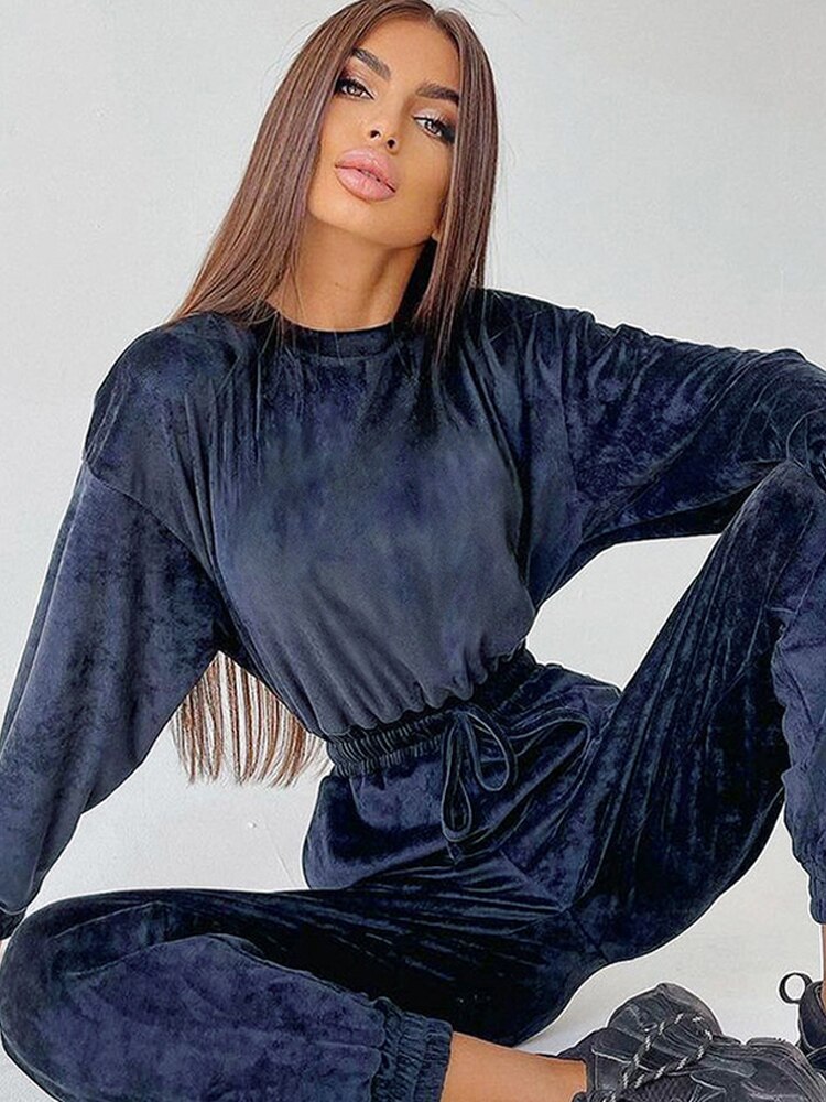 Elegant Velvet Long Sleeve O-Neck Lace Up Jumpsuits Mssza