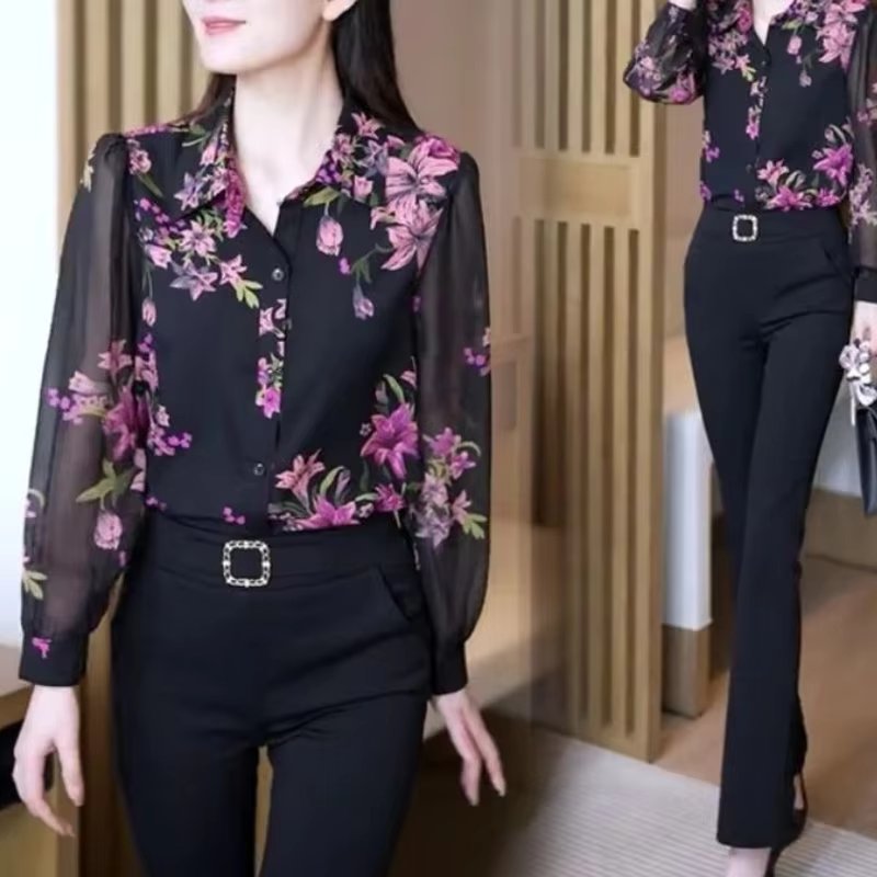 Elegant Versatile Polo Collar Printed Flower Chiffon Button Long Sleeved Top Mssza