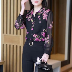 Elegant Versatile Polo Collar Printed Flower Chiffon Button Long Sleeved Top Mssza