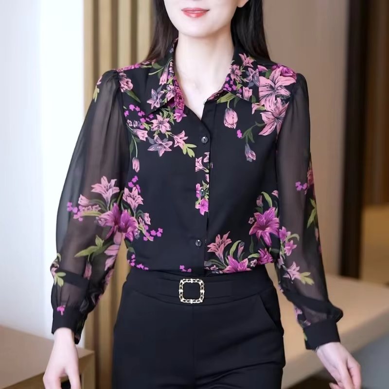 Elegant Versatile Polo Collar Printed Flower Chiffon Button Long Sleeved Top Mssza