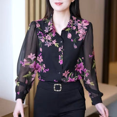 Elegant Versatile Polo Collar Printed Flower Chiffon Button Long Sleeved Top Mssza