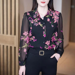 Elegant Versatile Polo Collar Printed Flower Chiffon Button Long Sleeved Top Mssza