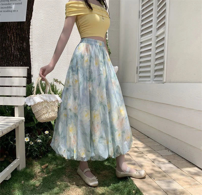 Elegant Vintage Floral Sweet High Waist Casual Loose Skirt Mssza