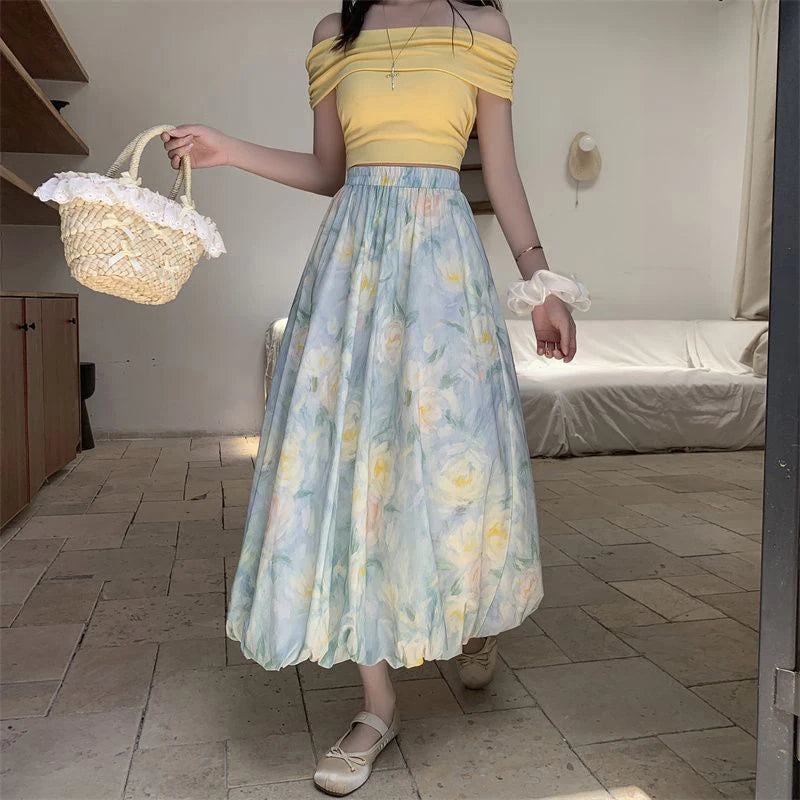 Elegant Vintage Floral Sweet High Waist Casual Loose Skirt Mssza
