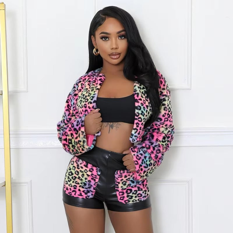 Elegant Warm Thick Crop Jackets Slim PU Shorts 2 Piece Set Mssza