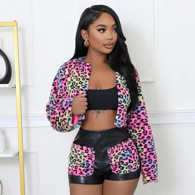 Elegant Warm Thick Crop Jackets Slim PU Shorts 2 Piece Set Mssza