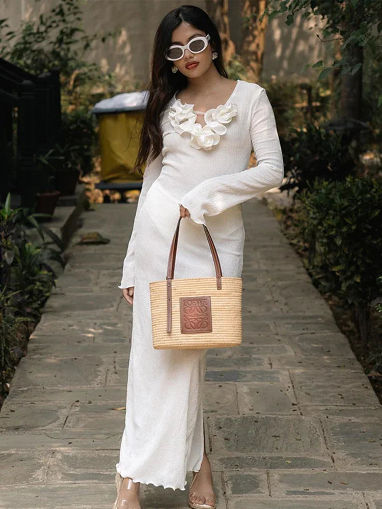 White Flower V-neck Ruffles Split Slim Female Maxi Dress Mssaz Desses