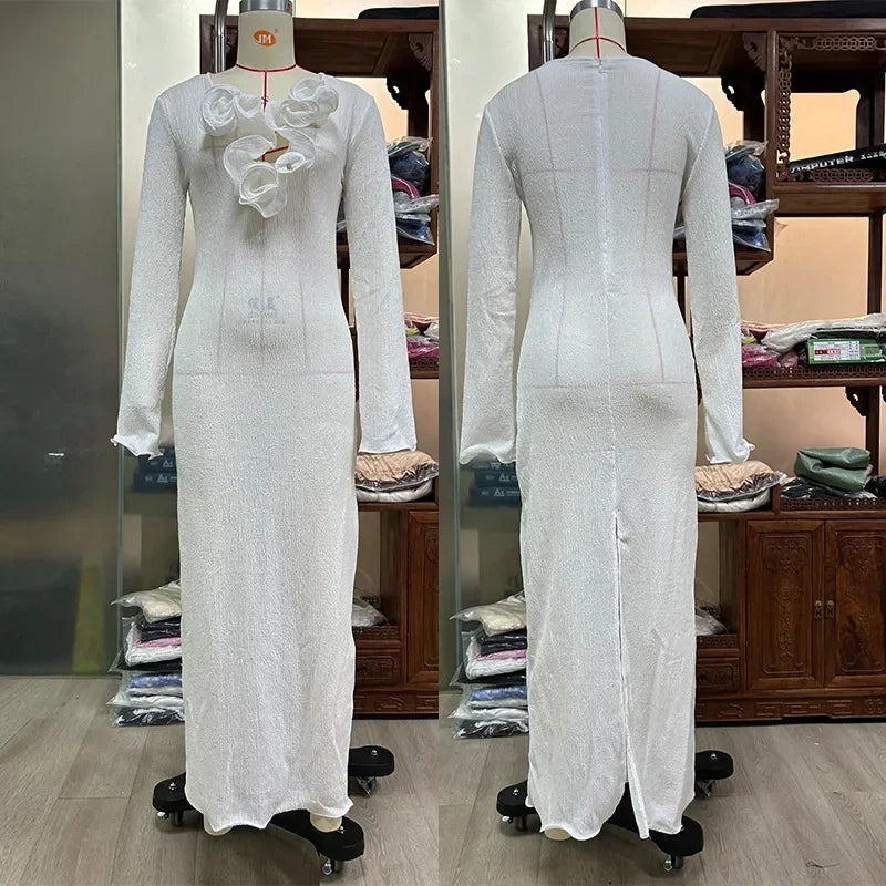 White Flower V-neck Ruffles Split Slim Female Maxi Dress Mssaz Desses