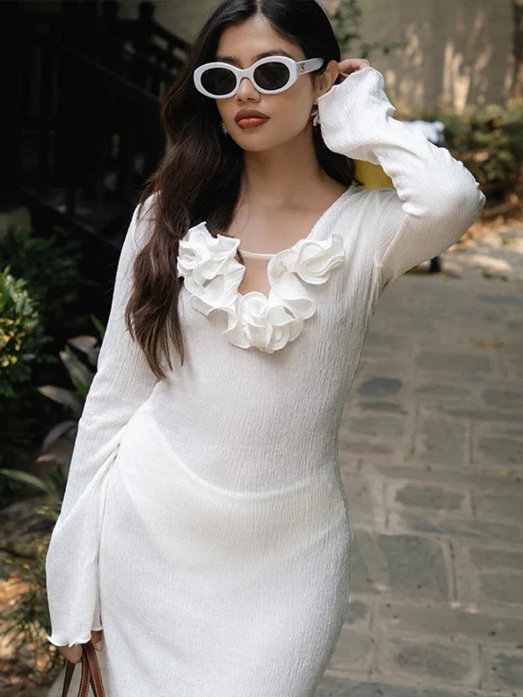 White Flower V-neck Ruffles Split Slim Female Maxi Dress Mssaz Desses