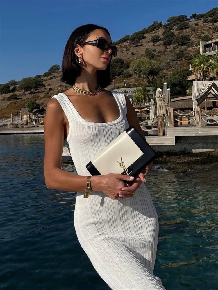 White Knitted  Square Colloar Sleeveless Bodycon Party Lady Casual  Midi Dress Mssaz Desses