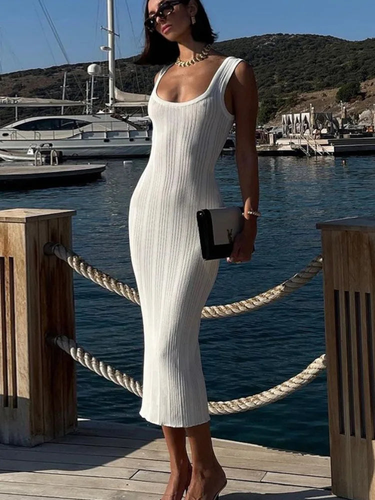 White Knitted  Square Colloar Sleeveless Bodycon Party Lady Casual  Midi Dress Mssaz Desses