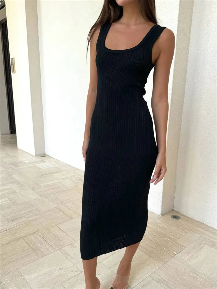 White Knitted  Square Colloar Sleeveless Bodycon Party Lady Casual  Midi Dress Mssaz Desses