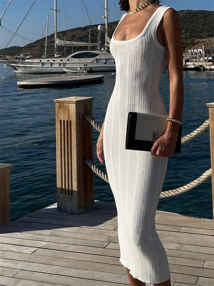 White Knitted  Square Colloar Sleeveless Bodycon Party Lady Casual  Midi Dress Mssaz Desses