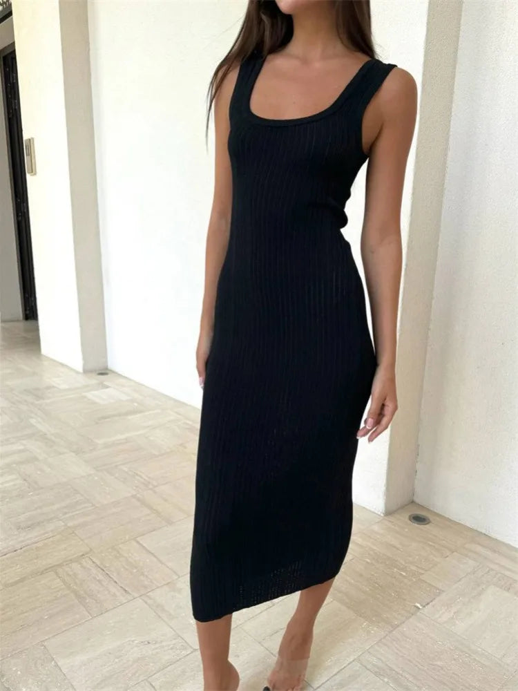 White Knitted  Square Colloar Sleeveless Bodycon Party Lady Casual  Midi Dress Mssaz Desses