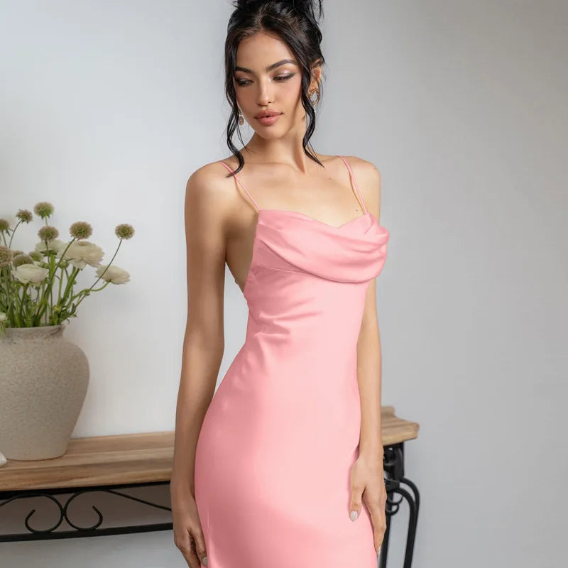 White Satin  Spaghetti Straps Backless Fashionable V-neck Stylish Maxi Dress Mssaz Desses