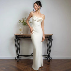 White Satin  Spaghetti Straps Backless Fashionable V-neck Stylish Maxi Dress Mssaz Desses