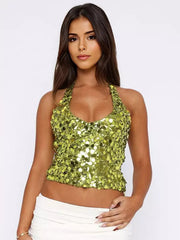 Elegant With Halter Neckline Sequin Crop Top Club Wear Mssza