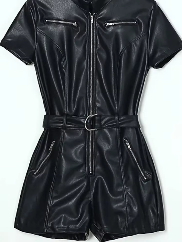 Elegant Zipper Design High Waist PU Leather with Belt Jumpsuits Romper Mssza