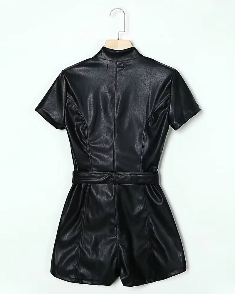 Elegant Zipper Design High Waist PU Leather with Belt Jumpsuits Romper Mssza