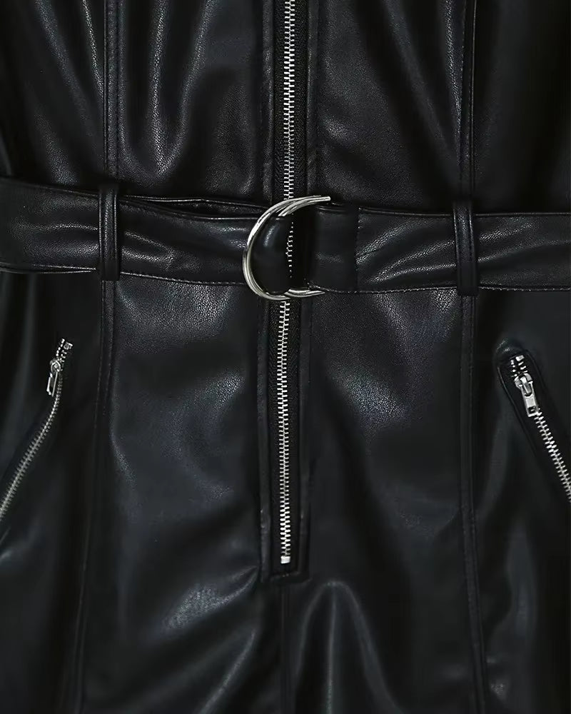 Elegant Zipper Design High Waist PU Leather with Belt Jumpsuits Romper Mssza