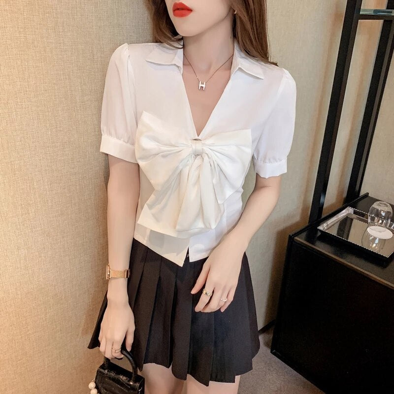 Elegant bow deep v-neck short sleeve blouse Mssza
