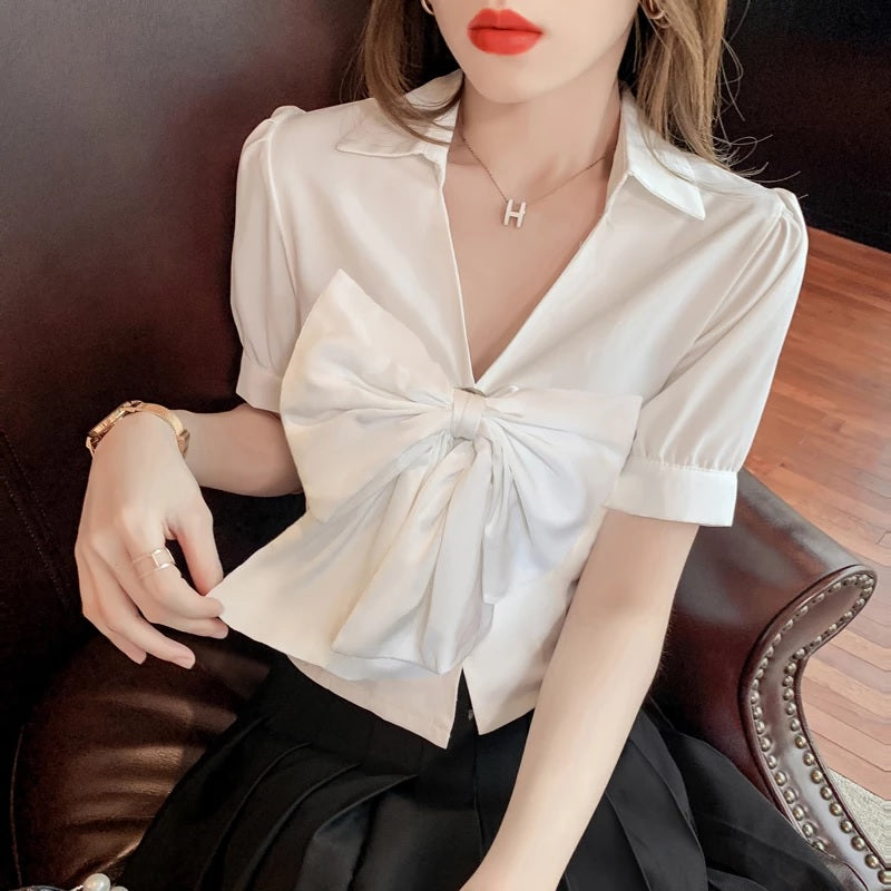 Elegant bow deep v-neck short sleeve blouse Mssza