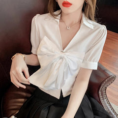 Elegant bow deep v-neck short sleeve blouse Mssza