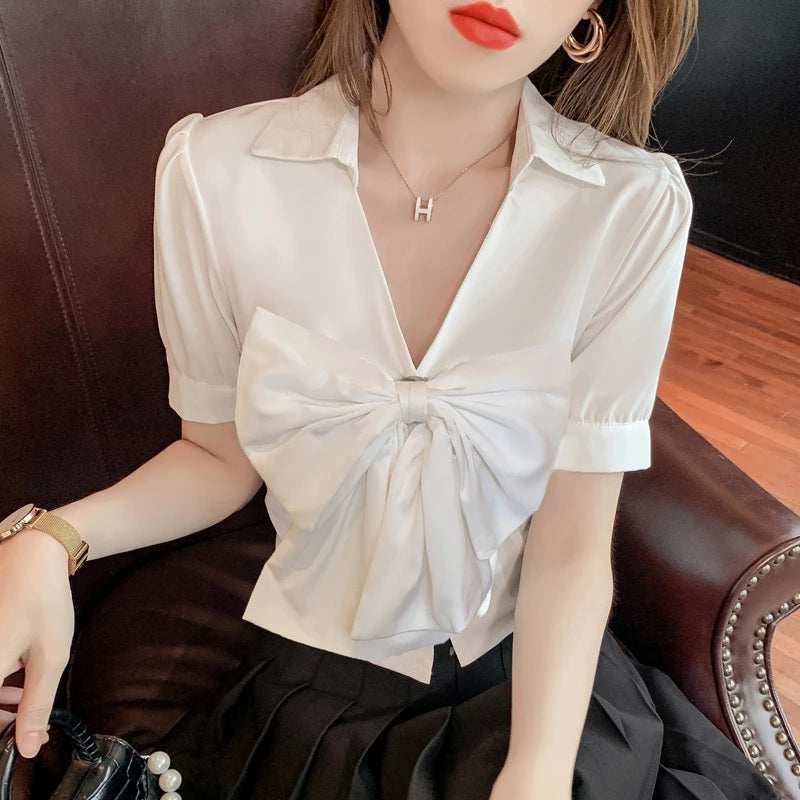 Elegant bow deep v-neck short sleeve blouse Mssza