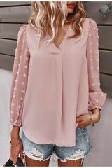 Elegant dot embroidery Casual split lantern sleeves blouses Mssza