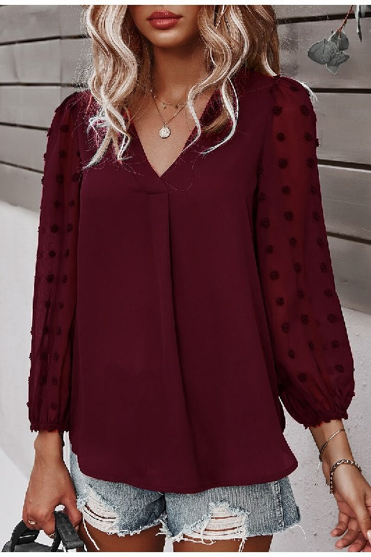 Elegant dot embroidery Casual split lantern sleeves blouses Mssza
