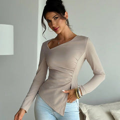 Elegant solid color long sleeve Daily simple date out of the street T-shirt Mssza