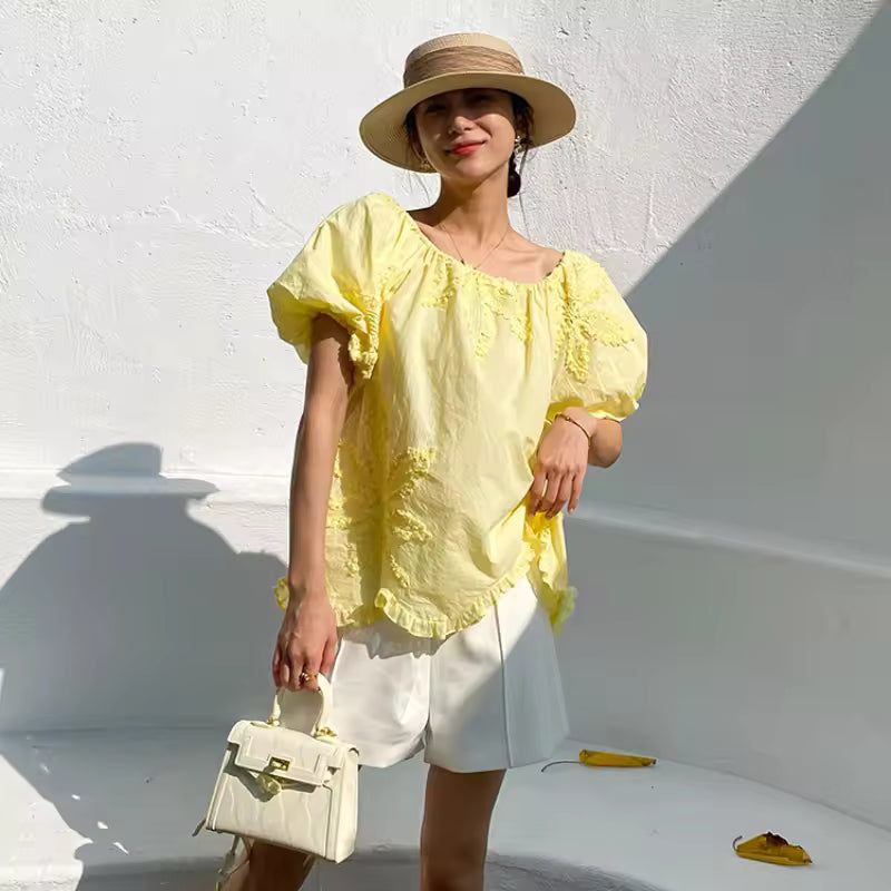 Embroidered Floral Off-shoulder Puff-sleeve Square Neck Top Mssza