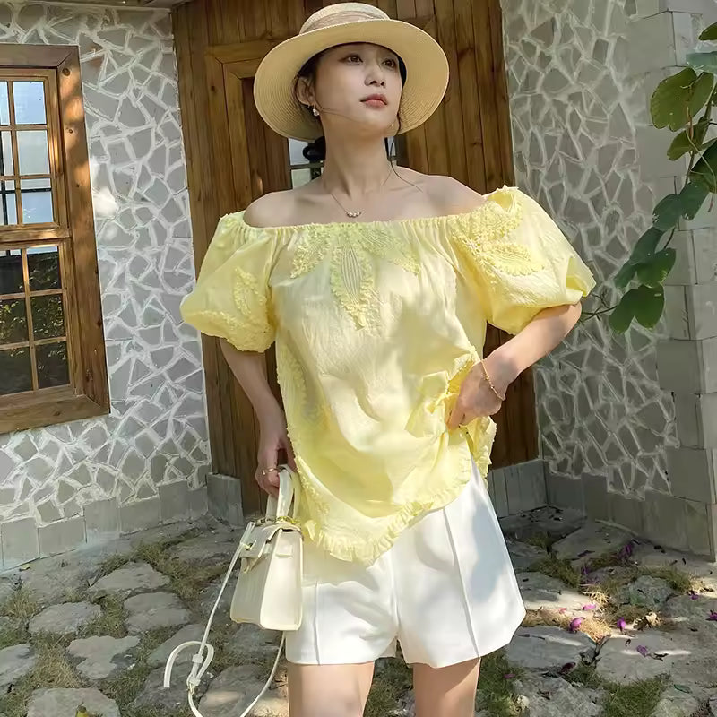 Embroidered Floral Off-shoulder Puff-sleeve Square Neck Top Mssza