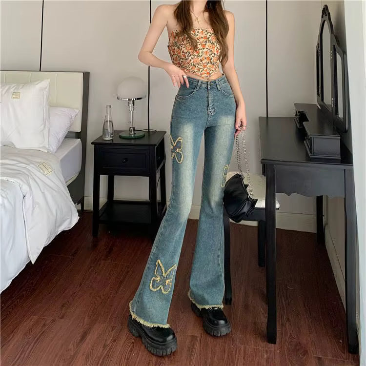 Embroidered Micro High Elasticity Slim and Spicy Design Flared Jeans Mssza