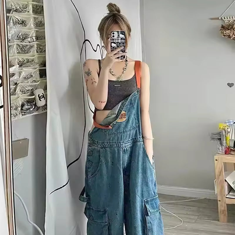 Embroidered Spicy Ink Denim Strap Large Loose Slim Retro Jumpsuits Mssza
