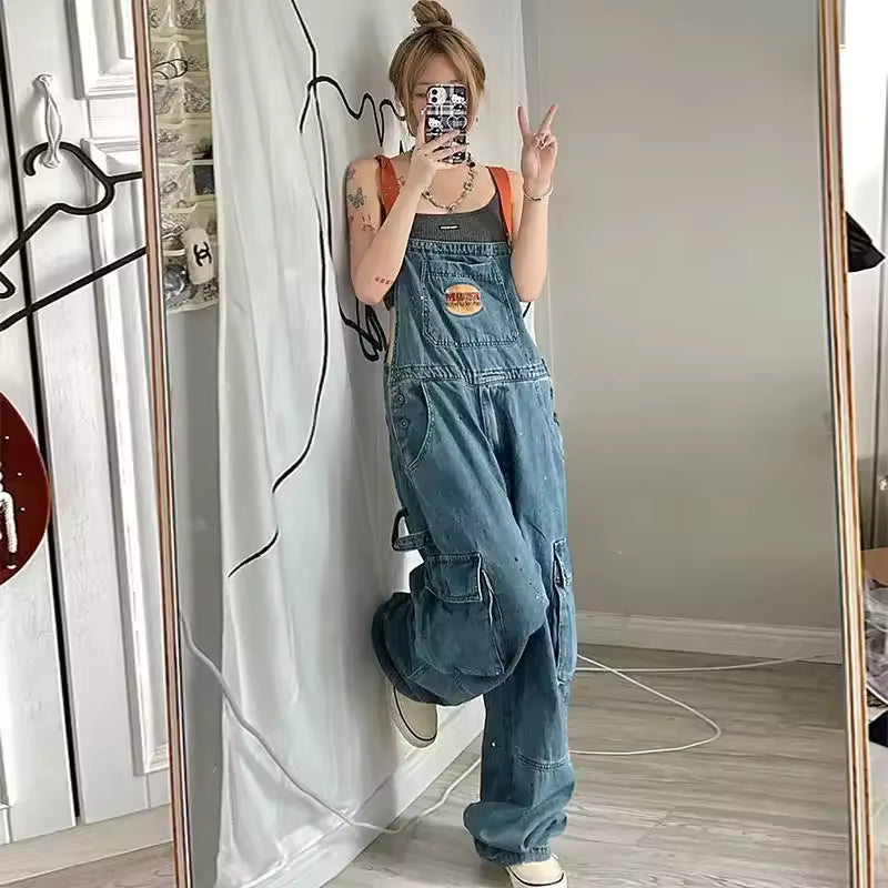 Embroidered Spicy Ink Denim Strap Large Loose Slim Retro Jumpsuits Mssza
