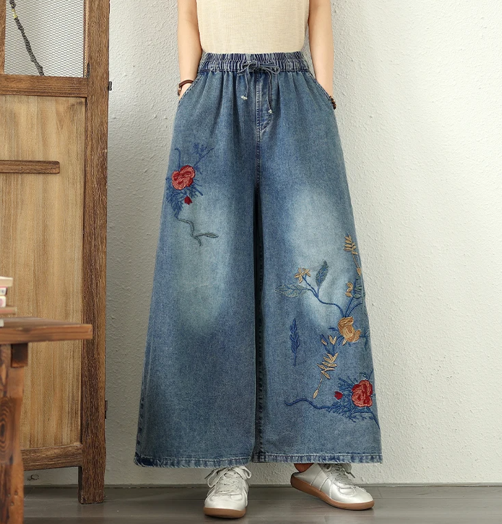 Embroidery Elastic Waist Plus Size Thin Denim Wide Leg Pants Mssza