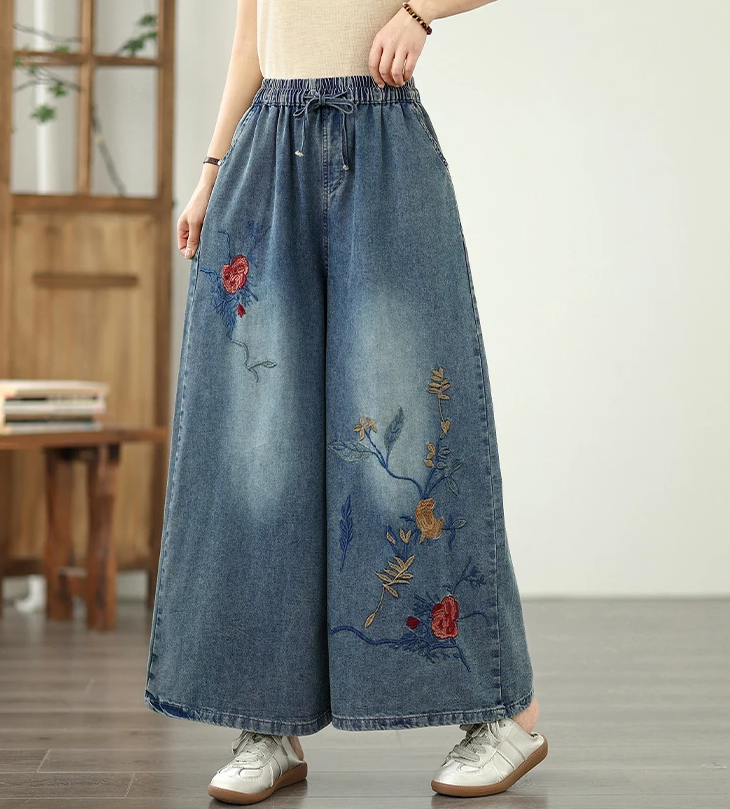 Embroidery Elastic Waist Plus Size Thin Denim Wide Leg Pants Mssza