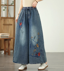 Embroidery Elastic Waist Plus Size Thin Denim Wide Leg Pants Mssza