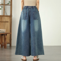 Embroidery Elastic Waist Plus Size Thin Denim Wide Leg Pants Mssza