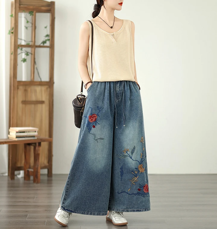 Embroidery Elastic Waist Plus Size Thin Denim Wide Leg Pants Mssza