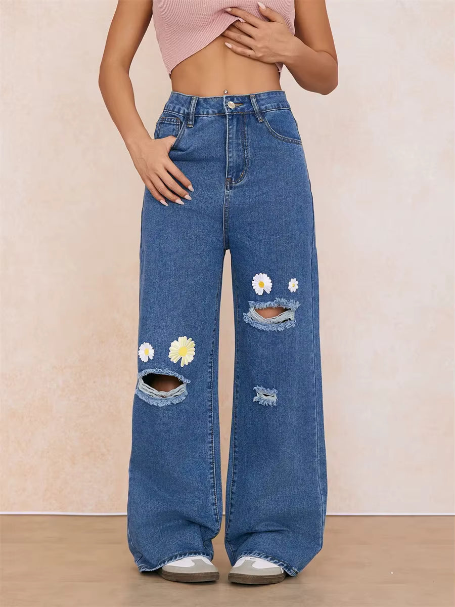 Embroidery High Waisted Streetwear Retro Baggy Wide-leg Denim Holes Jeans Mssza
