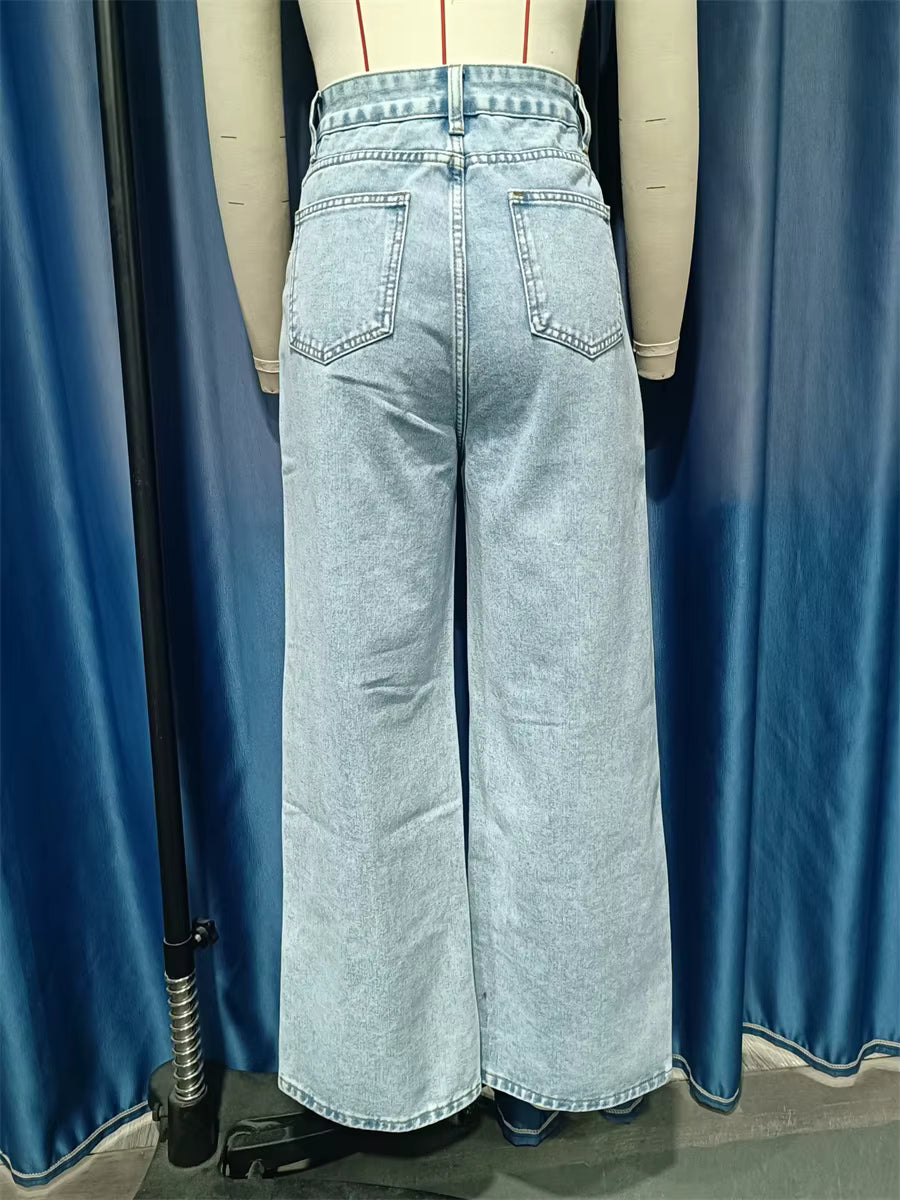 Embroidery High Waisted Streetwear Retro Baggy Wide-leg Denim Holes Jeans Mssza