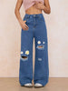 Embroidery High Waisted Streetwear Retro Baggy Wide-leg Denim Holes Jeans Mssza