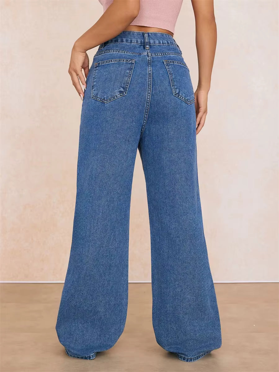 Embroidery High Waisted Streetwear Retro Baggy Wide-leg Denim Holes Jeans Mssza