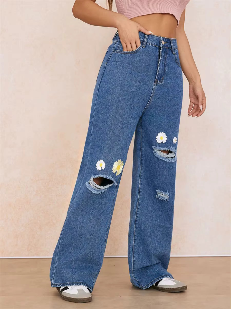 Embroidery High Waisted Streetwear Retro Baggy Wide-leg Denim Holes Jeans Mssza