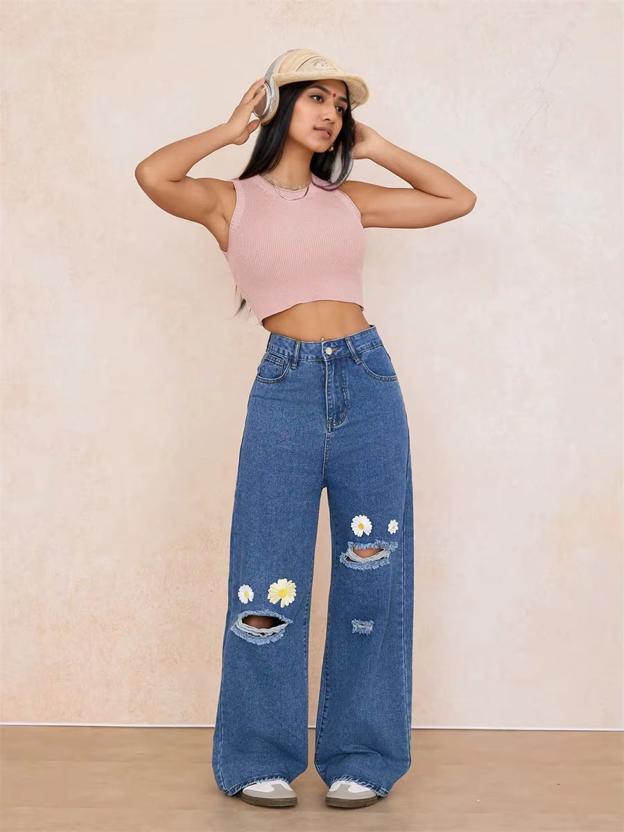 Embroidery High Waisted Streetwear Retro Baggy Wide-leg Denim Holes Jeans Mssza