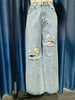 Embroidery High Waisted Streetwear Retro Baggy Wide-leg Denim Holes Jeans Mssza