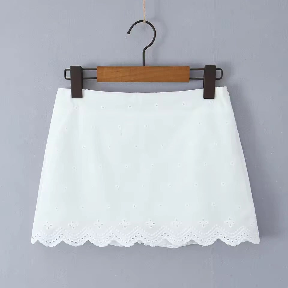 Embroidery Hollow Out Lace Top And Side Zipper Mini Skirt 2 Pieces Set Mssza